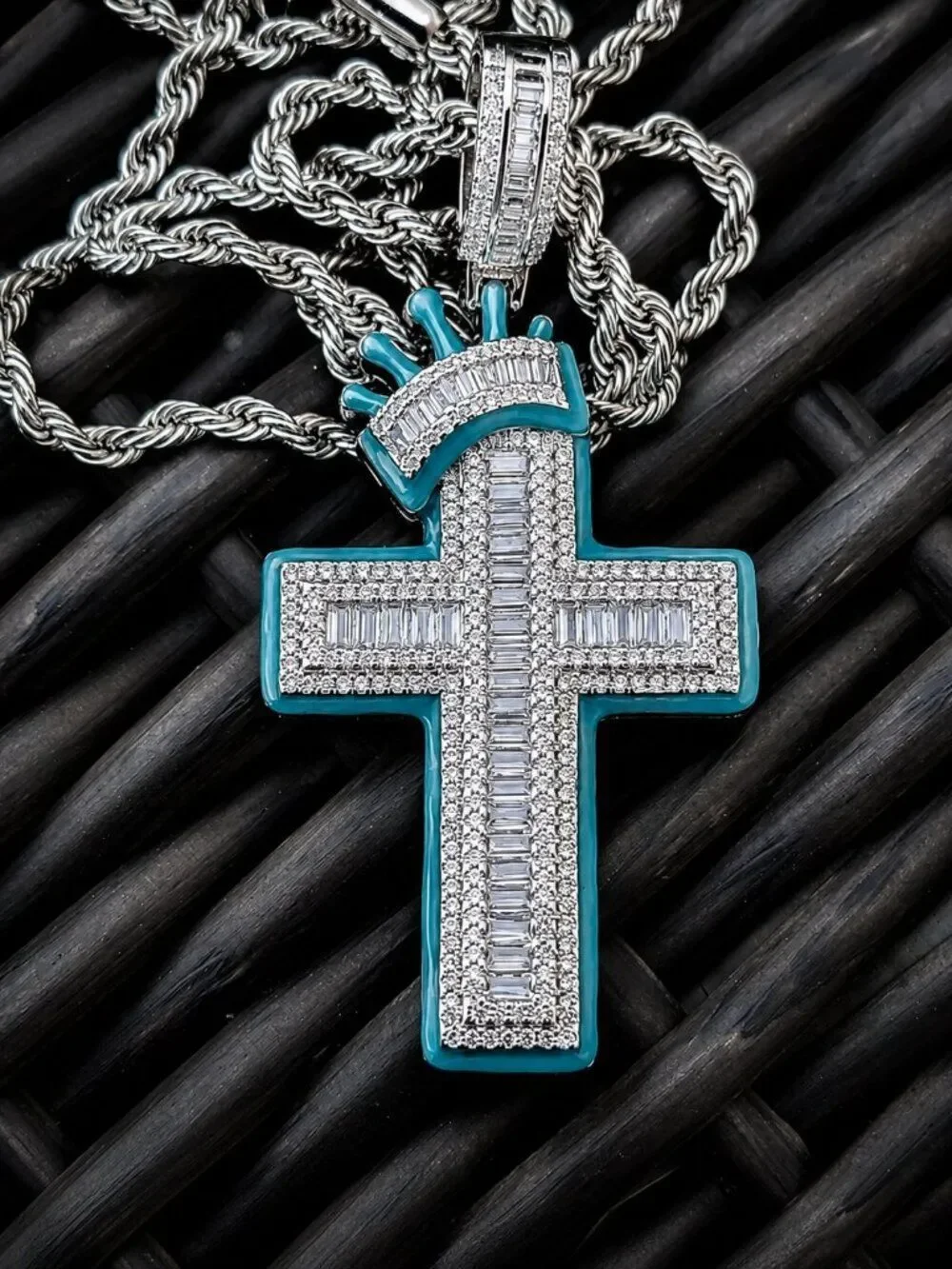 Blue Baguette Crowned Cross Necklace